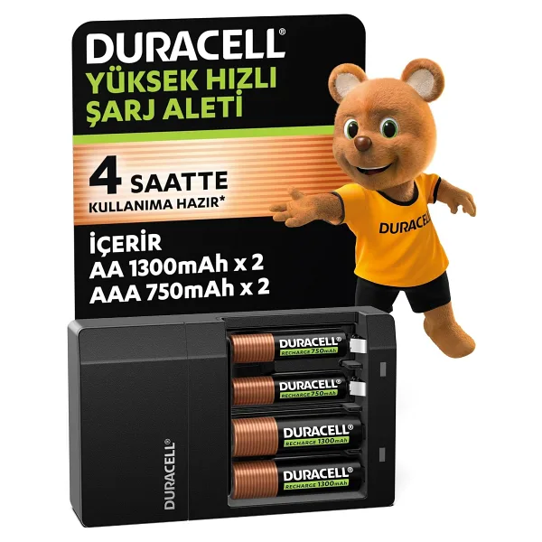 Duracell CEF 14 Pil Şarj Aleti + 1300 mAh 2'li AA + 750 mAh 2'li AAA Şarj Edilebilir Pil