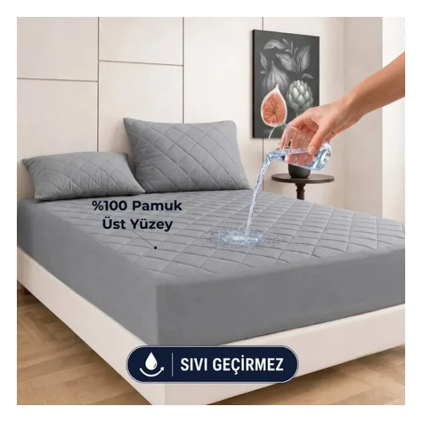 Formeya Gri %100 Pamuk Kapitone Fitted Su Sıvı Geçirmez Yatak Koruyucu Tek-Çift Kişilik-Battal Yatak Alezi - 160 x 200 cm