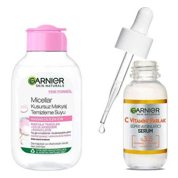 Garnier Skin Naturals Micellar Kusursuz Makyaj Temizleme Suyu (100 ml) C Vitamini Parlak Süper Aydınlatıcı Serum (30 ml) Cilt Bakım Seti