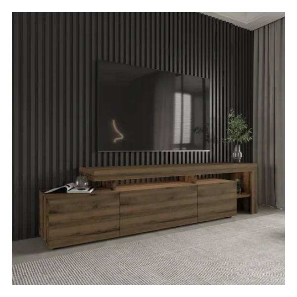 İNARCH DİZAYN Beliz Modern LED Işıklı 3 Kapaklı, Raflı TV Sehpası - 192 cm - Antik Ceviz