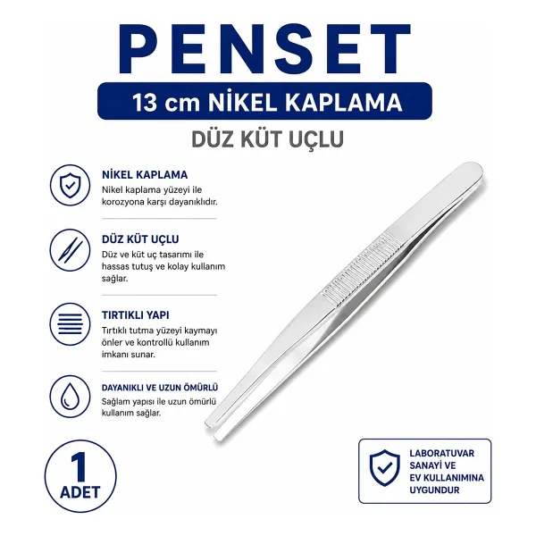 Labolist Penset Düz Küt Uçlu 13 cm Nikel Kaplama