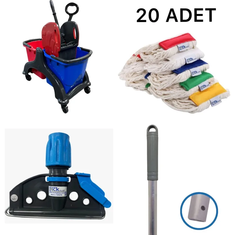 MCK Plus Çift Kovalı Plastik Temizlik Arabası Paspas Arabası Islak Mop Seti 20 Islak Mop - Siyah