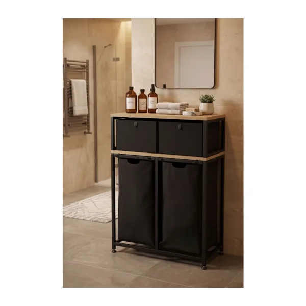 miyuhome Metal Kızaklı Çamaşır Sepeti 2 Adet Saklama Kutulu 2X40 LT Kirli Sepeti Büyük Boy Raflı Kirli Sepeti