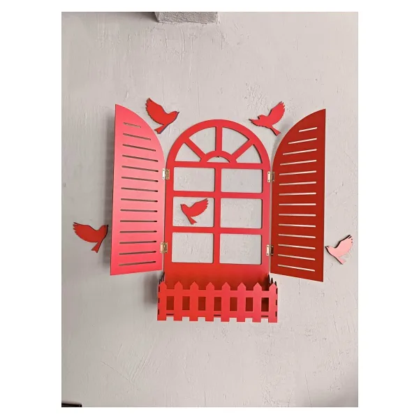 NED MDF LAZER DEKARASYON KIRMIZI PANJUR PENCERE KUŞLU PENCERE TEMALI ÇİÇEKLİK AHŞAP MDF LAZER KESİM 3MM DUVAR SÜSÜ