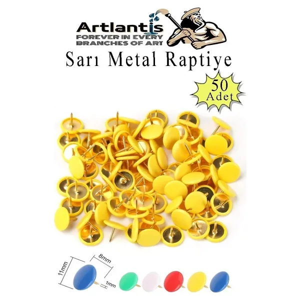 Sarı Raptiye 50 Adet 1 Paket Renkli Pvc Kaplı Başlıklı Raptiye Plastik Yuvarlak Düğmeli Raptiye Pano Okul Ofis Büro Ev