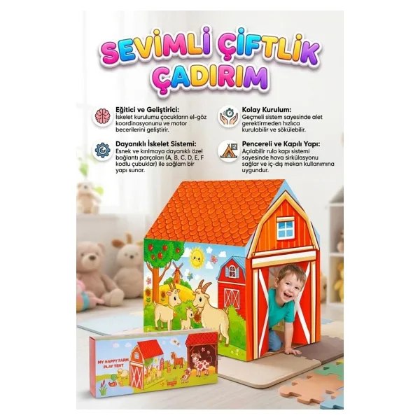 Sevimli Hayvan Çiftliği Temalı 100X70cm Çadırı Kolay Kurulum Dayanıklı Çocuk Oyun Çadırı