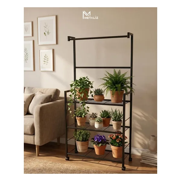 Tekerlekli Metal Saksı Standı ve Bitki Askılığı - 3 Raflı Portatif Çiçek Rafı Siyah