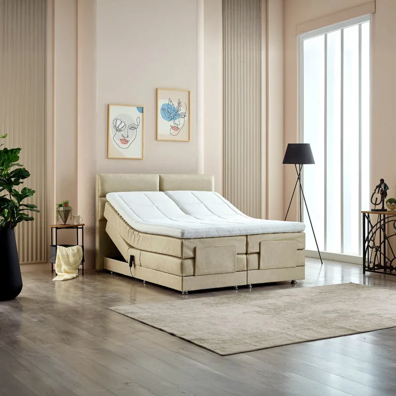 Unimet Nivo Elektrikli Motorlu Hareketli Kumandalı Çift Kişilik Baza+Başlık+Yatak Set - Bej - 160 x 200 cm
