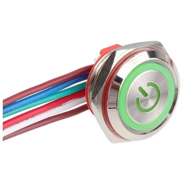 WD16C1-Wired-P1-EC 16mm Düz Yaylı Yeşil Işıklı Metal Buton - Kablolu