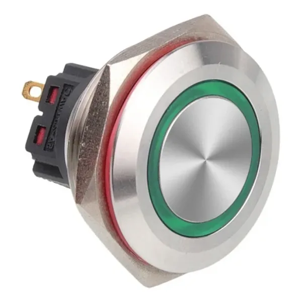WD28B-P1-E 28mm Düz Yaylı Işıklı Metal Buton - Yeşil