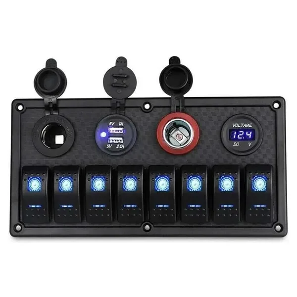 8'li ON-OFF Mavi Işıklı Anahtar Panel 2x5V USB 2xÇakmaklık ve Voltaj Göstergeli
