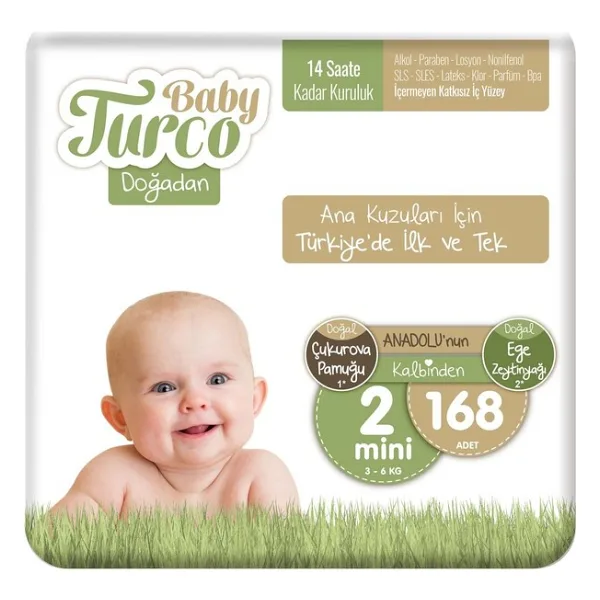 Baby Turco Doğadan Mini 2 Numara Bantlı Bez 3 - 6 kg 168'LI Ekstra Yumuşak
