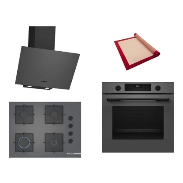 Bosch Gri 3 lü Ankastre Set (HUA717BN0T-POP7C9P30O-DWK64PJ70T) Buhar Destekli - Pişirme Matı ile