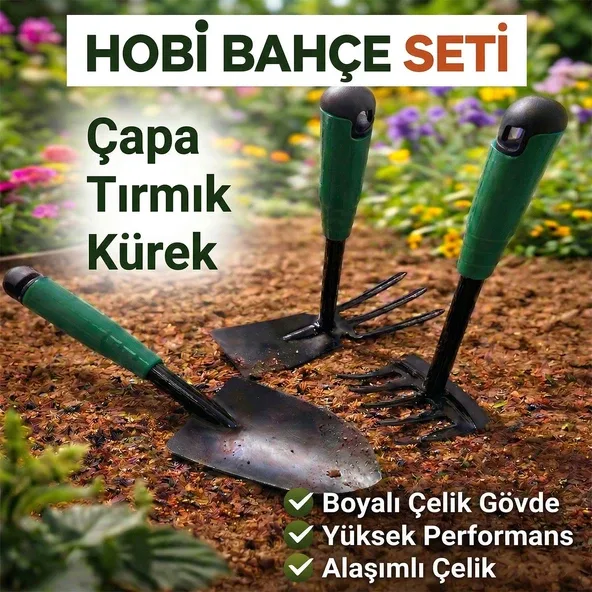 Çapa Tırmık Kürek 3'Lü Set Metal Hobi Bahçe El Aletleri Saksı, Çiçek, Bitki Ve Toprak Kazma Seti