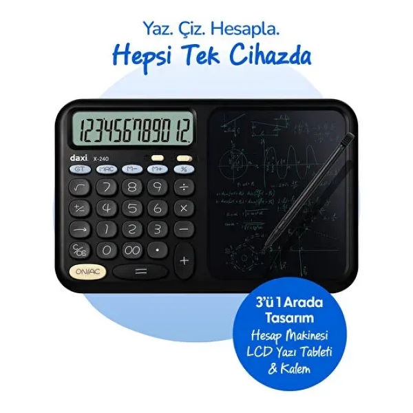 Daxi X-240 LCD Yazı Tabletli Hesap Makinesi, 12 Haneli, Kalemli, 24x15 cm