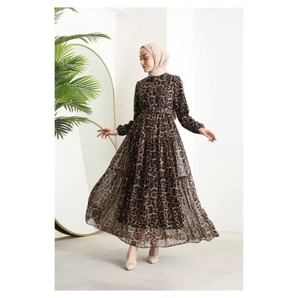 Dip Moda kadın kemerli leopar desenli tesettür şifon elbise SMS014