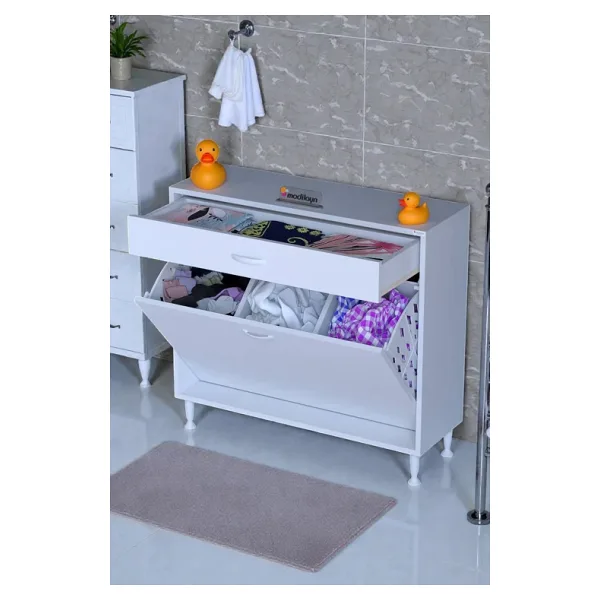 Eliusta Asil 90 Cm Kirli Çamaşır Sepetli Banyo Dolabı 1 Çekmeceli Mutfak Çok Amaçlı Dolap 90X88x32,5 Cm