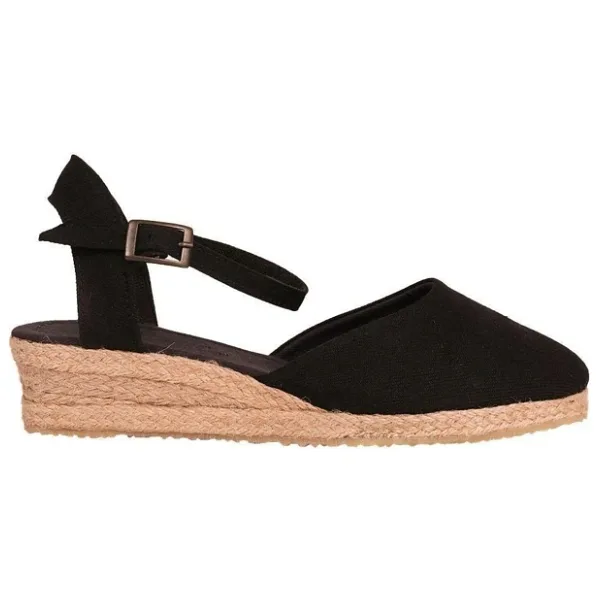 Gerçek Elişi Topuğu Açık Bilekten Bantlı 3cm Dolgu Topuk Siyah Keten Hasır Espadril Handmade