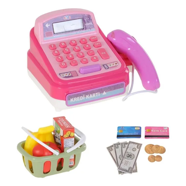 Hak-İş Oyuncak Hesap Makineli Oyuncak Yazar Kasa Seti - Barkod Okuyuculu, Meyve Sepetli / Pembe