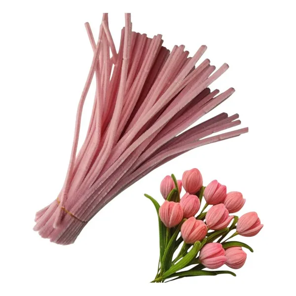 hyc heryerçiçeklenir 50 Adet Pastel Pembe Şönil, Çiçek Yapımına Uygun Tüylü Tel, 30 cm 6mm