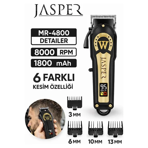Jasper JPR-4800 Siyah Profesyonel Tıraş Makinesi 6 Farklı Kesim Özelliği Saç-Sakal Kesim