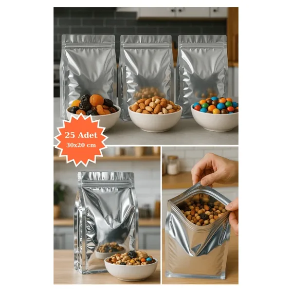 Kilitli Metalize Flat Bottom Kahve Kuruyemiş Bakliyat Kedi Kumu Yem Saklama Torbası 30x20cm 25li