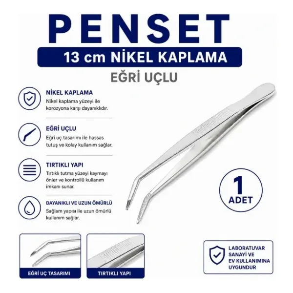 Labolist Penset 13 Cm Eğri Uçlu - Nikel Kaplama