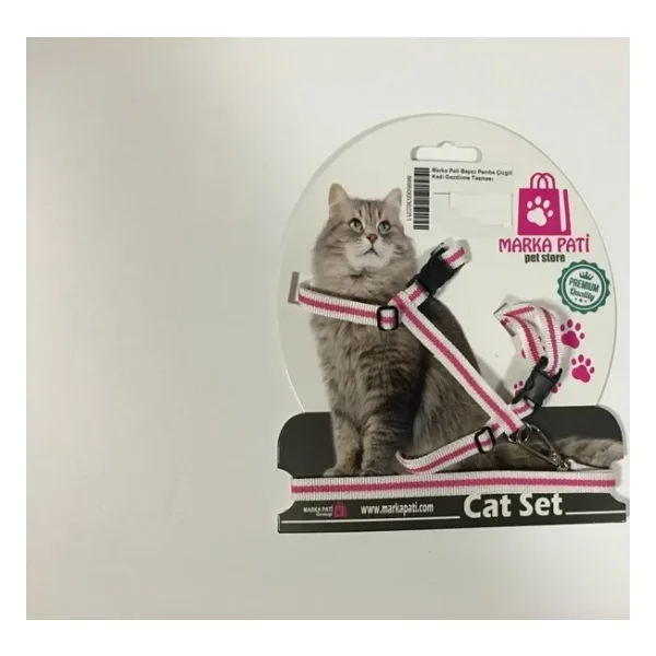 Marka Pati Beyaz Pembe Çizgili Kedi Gezdirme Tasması