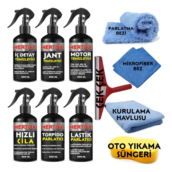 Mertox Otomobil Araç Araba Oto Temizlik ve Bakım Seti Iç Detay+Jant-Motor Temizleyici+Hızlı Cila+Torpido+Lastik Parlatıcı 6X500ML
