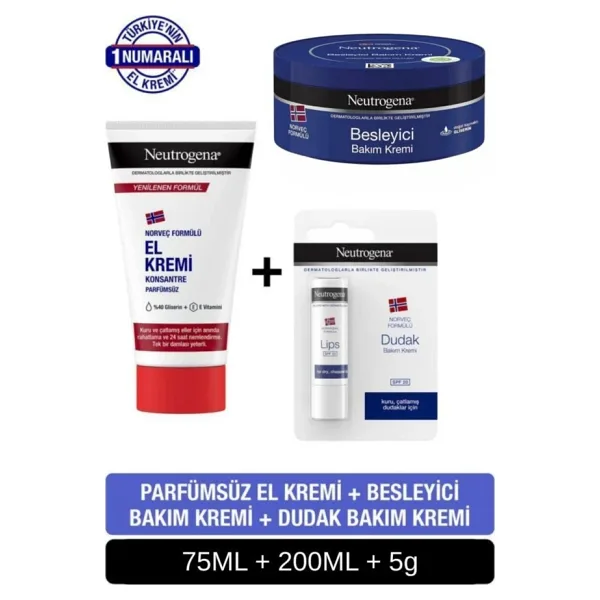 Neutrogena Parfümsüz Cilt Bakım Seti+ Besleyici Bakım+Dudak Kremi