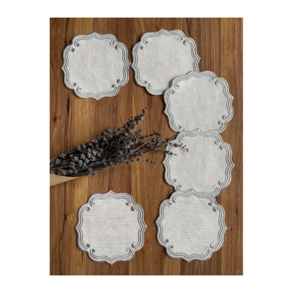 Nurhan Home 6 Adet Curly Modeli Gümüş Renk Nakışlı Kahve Yanı Kokteyl Sunum Peçete - 15 x 15 cm