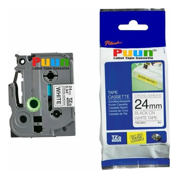 Puun Brother P-Touch TZE-S251 24MM x 8m Güçlü Yapışkanlı Beyaz Üzerine Siyah Muadil Laminasyon Etiket Şeridi