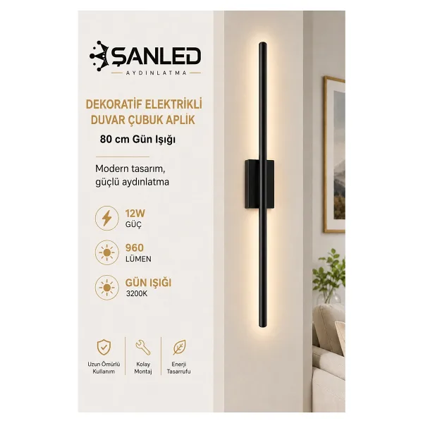 ŞANLED Dekoratif 12W İç Mekan Siyah Kasa Gün Işığı 80 cm Duvar Aplik Elektrikli 1 Adet