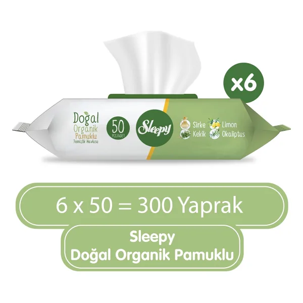 Sleepy Doğal Organik Pamuklu 50 Yaprak 6'lı Paket Islak Mendil