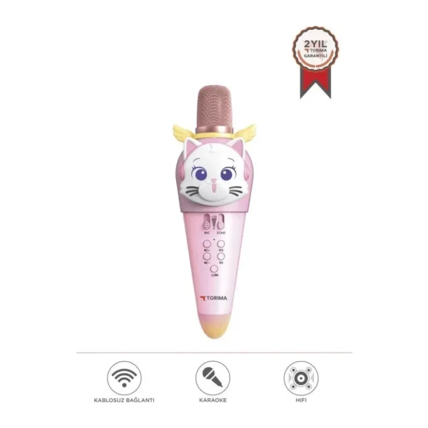 Torima Kidmic02 Pembe Kedi Figürlü Şarjlı Bt Karaoke Mikrofon Ve Hoparlör 5w Kablosuz Mikrofon