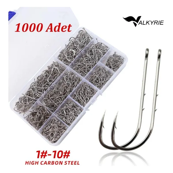 Valkyrie 1000 Adet Olta İğnesi Seti 1#-10# - Yüksek Karbon Çelik, Halkalı Göz, Keskin Uç Profesyonel Balıkçı İğnesi