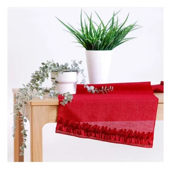 Viemso Simli Keten Runner Kırmızı Fırfırlı 45x150