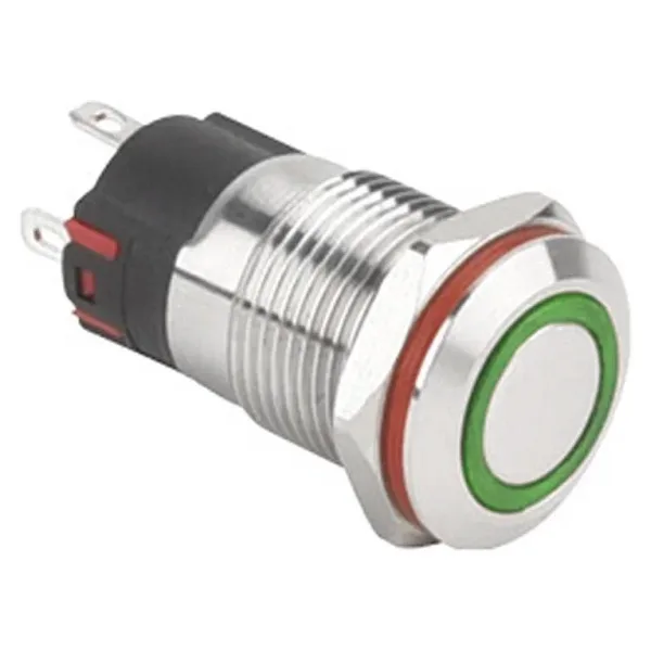 WD12A-P1Z-E 12mm Düz Anahtarlı Işıklı Metal Buton - Yeşil