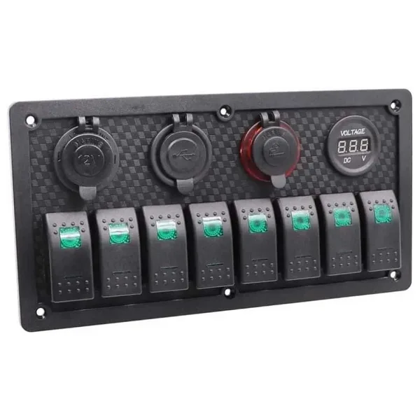 8'li ON-OFF Yeşil Işıklı Anahtar Panel 2x5V USB 2xÇakmaklık ve Voltaj Göstergeli