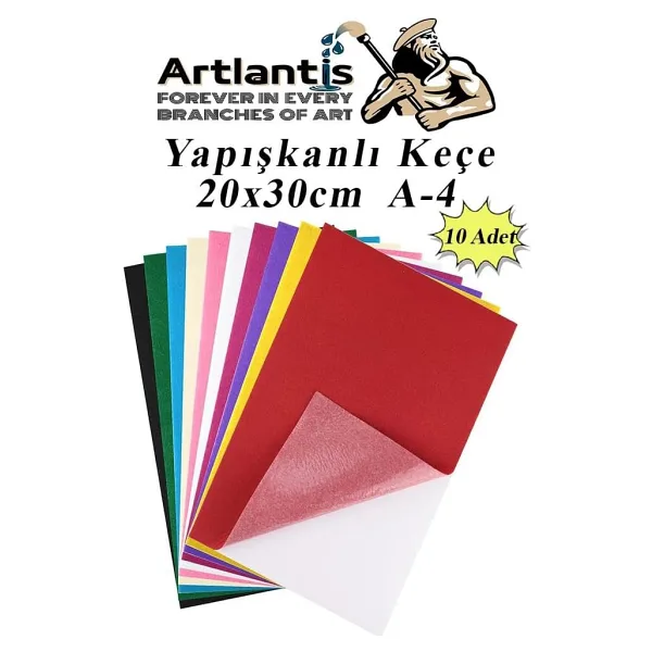 Artlantis Yapışkanlı Keçe 10 Renk A4 20x30 cm 1 Paket Keçe Yapışkanlı 10 lu Okul Kreş Okul Öncesi Etkinlik Hobi