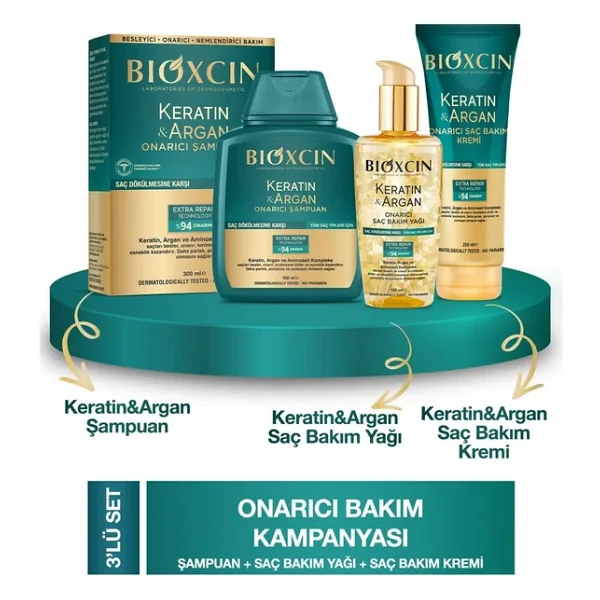 Bioxcin Keratin & Argan Onarıcı Saç Bakım Seti 300ml + Keratin Argan Saç Bakım Yağı + Saç Kremi