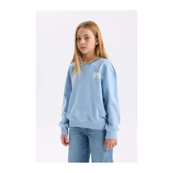 DeFacto Kız Çocuk Relax Fit V Yaka Baskılı Sweatshirt D6987A824WNBE734 Mavi