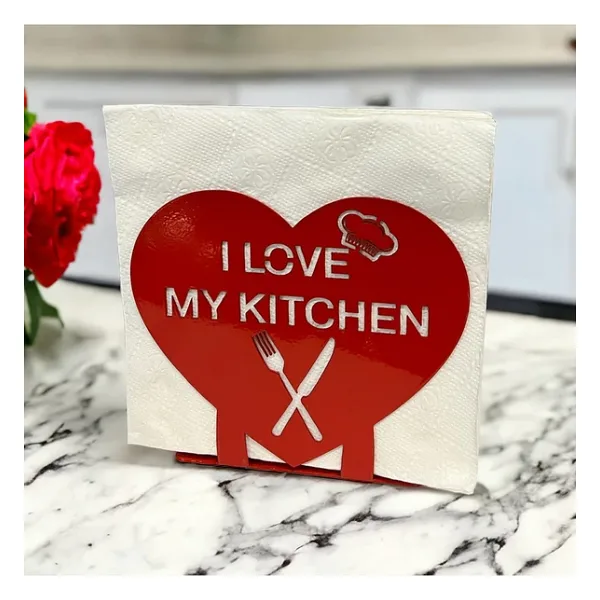 "I LOVE MY KITCHEN" Temalı Metal Peçetelik Kırmızı Kalp Şeklinde