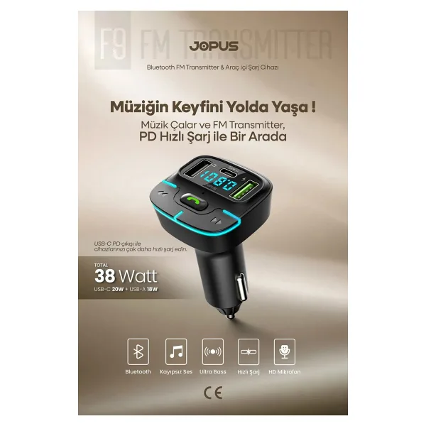 Jopus Bluetooth FM Transmitter Araç Kiti, Hızlı Şarj,USB, Type-C, HD Mikrofon