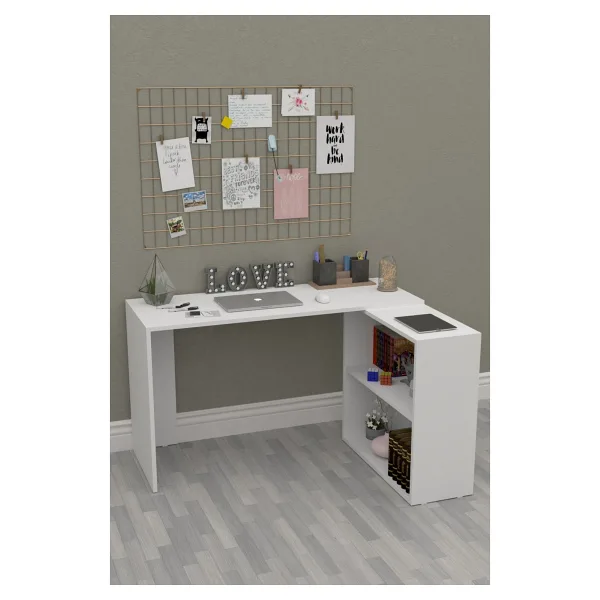 L Çalışma Masası 145CM Bilgisayar Masası Dolaplı Kitaplıklı - 145 x 90 x 75 cm - Beyaz