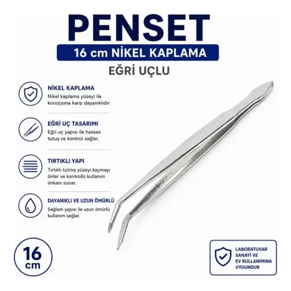 Labolist Penset 16 Cm Eğri Uçlu - Nikel Kaplama