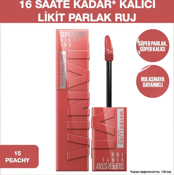 Maybelline New York Super Stay Vinyl Ink Parlak 15 Peachy Likit Ruj