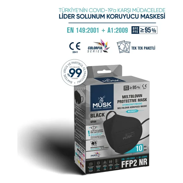 Musk Black FFP2 NR N95 5 Katlı Meltblown Siyah 10'lu Ultrasonik Koruyucu Maske