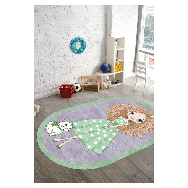 Napoli Home Baskılı Çizgi Film Kedi ve Kız Karakter Desenli Yıkanabilir Kaymaz Oval Çocuk Halısı