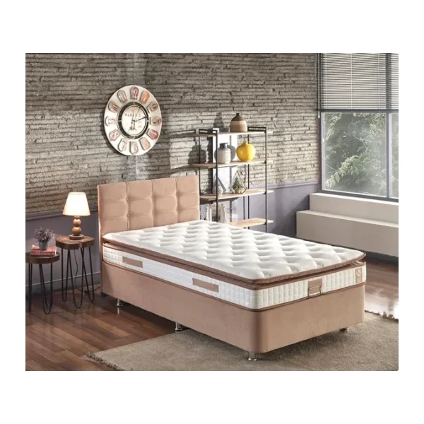 Niron Queen Yatak Seti 120x200 Bir Buçuk Kişilik Pedli Yatak Sütlü Kahve Kumaş Baza Başlık ve Yatak Takımı - 120 x 200 cm - Kahverengi